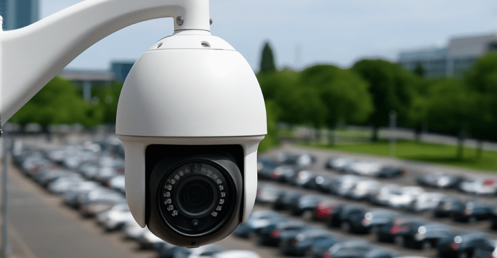 Câmera Speed Dome instalada em estacionamento para monitoramento de grandes áreas.