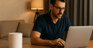 Técnico analisando roteador mesh travando em ambiente doméstico
