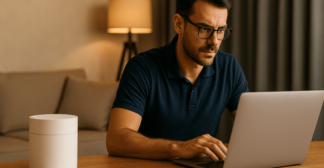 Técnico analisando roteador mesh travando em ambiente doméstico