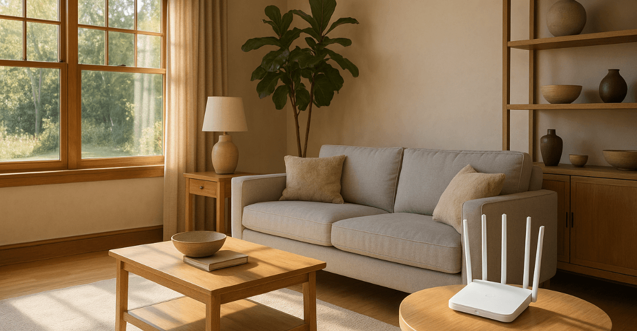 Casa no interior com ambiente ideal para instalar o melhor roteador Wi-Fi para fibra óptica